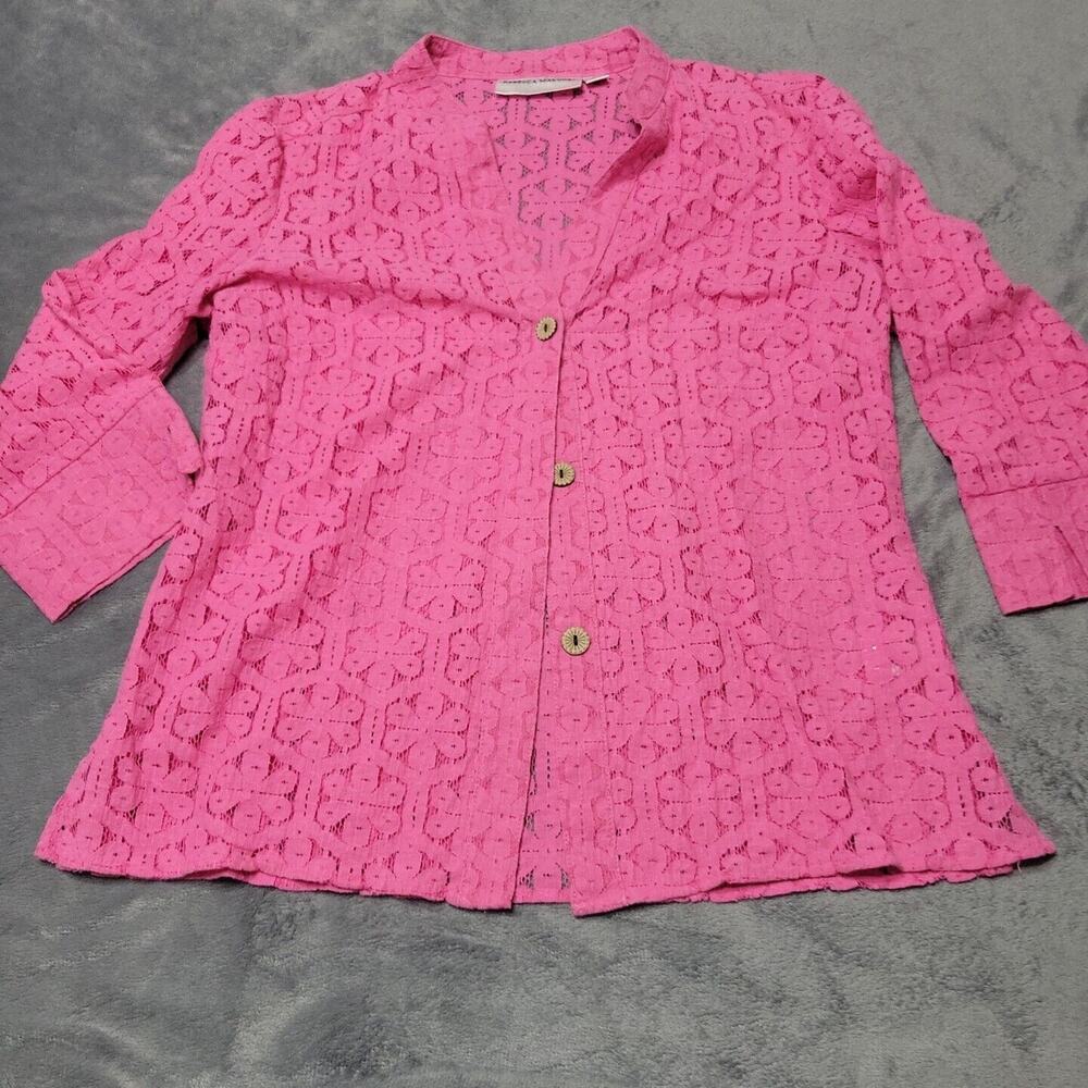 Rebecca Malone Blouse Womens Small Top Pink Collar Floral Sheer Lace Core Shirt